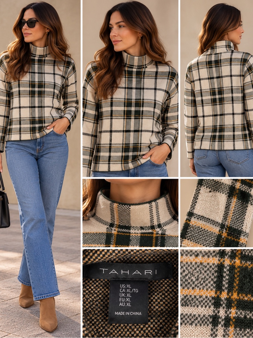Tahari Cream Plaid Turtleneck Sweater with Olive & Gold Accents